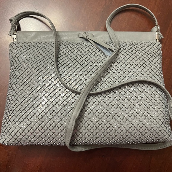 Whiting & Davis Purse Vintage 1980s gray metal mesh faux leather strap trim - Picture 7 of 12